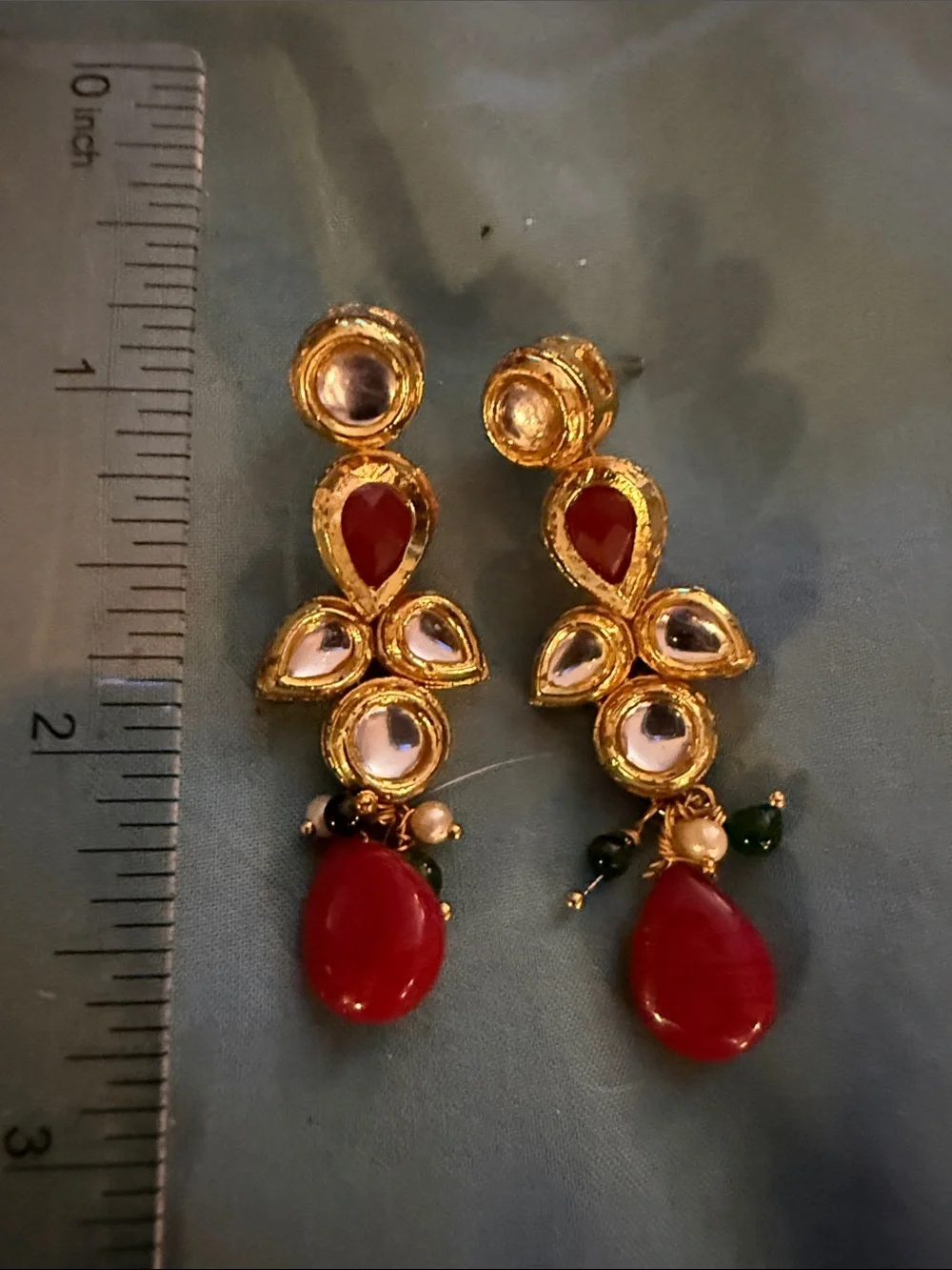 Gold-Tone Kundan Drop Earrings with Red Gemstones